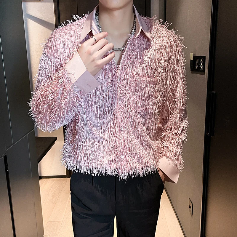 Long Sleeved Shirt Men Fashion Society Mens Off White Dress Shirt Korean Loose Casual Shirt Mens Pink Tassels Shirts M-2XL