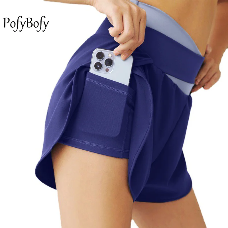 PofyBofy A Side Pocket Fake Two Piece Cross Widen Waistband Elastic Softness Women Shorts Yoga Fitness Workout Running Sportwear