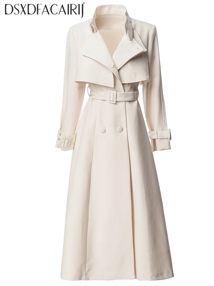 

DSXDFACAIRIJ Women's Turtleneck Long Sleeve Lace-Up Trench Coat Double Breasted High Street Fashion Solid Color Autumn Outerwear