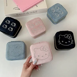 Hello Kitty Jewelry Storage Box Sanrio Cartoon Kitty Pattern Multifunctional Necklace Ring Storage Box Zipper Velvet Organizer