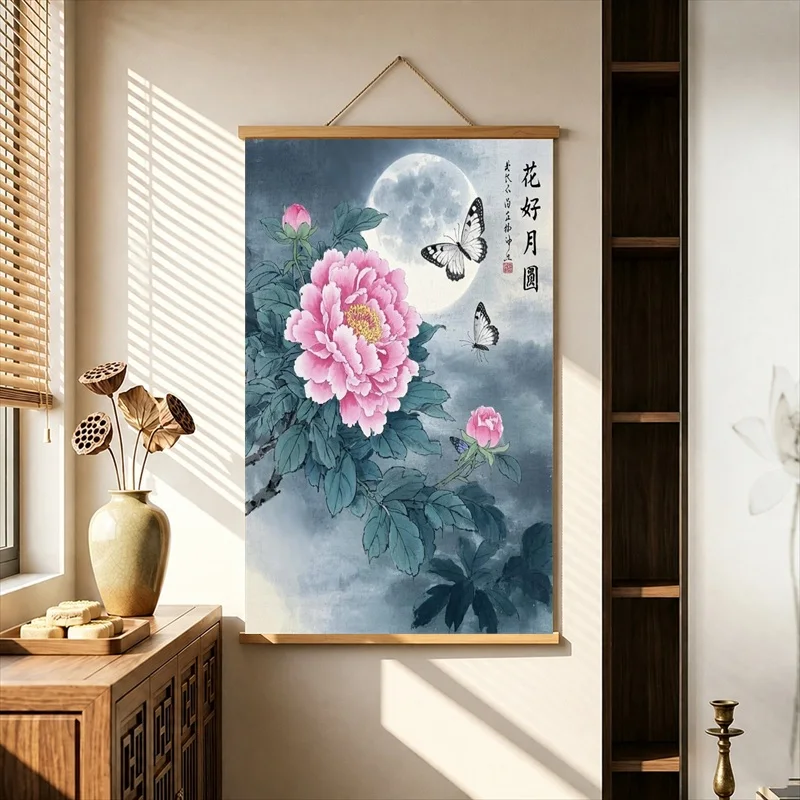 Wall Decor Layered Peonies in Blue Pink and White, Chinese Floral Pearlescent Canvas Wall Hanging Scroll for Beauty Studio Decor