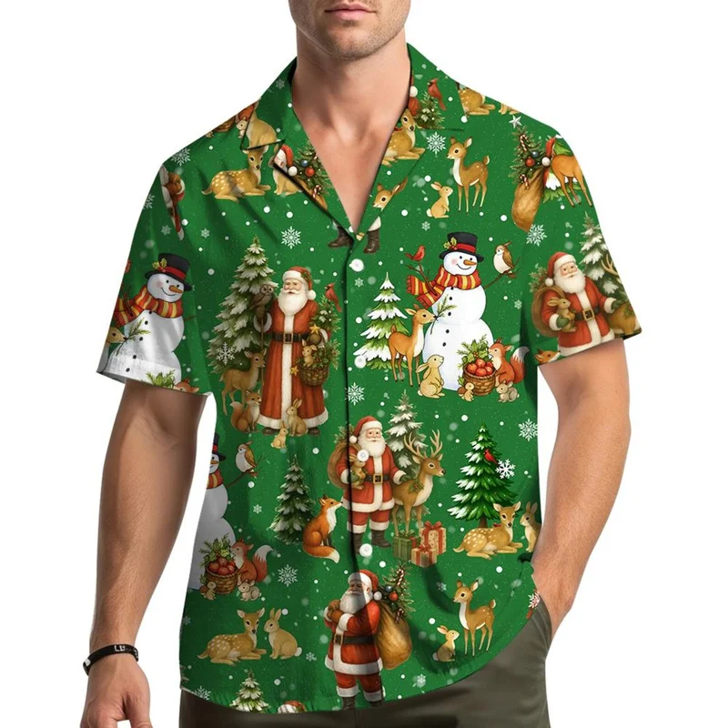 Xmas Santa Tiki Patchwork Hawaiian Shirt Taupe Cream Christmas Tree Prints Men Short Sleeve Holiday Shirts with Button Up Fit