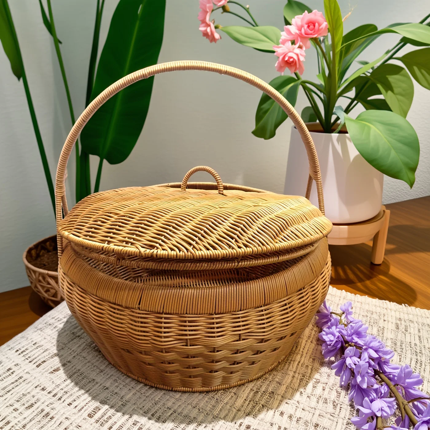 Circular woven basket with lid/storage basket/tote basket/shopping basket/storage basket/harvest basket/gift basket/living room