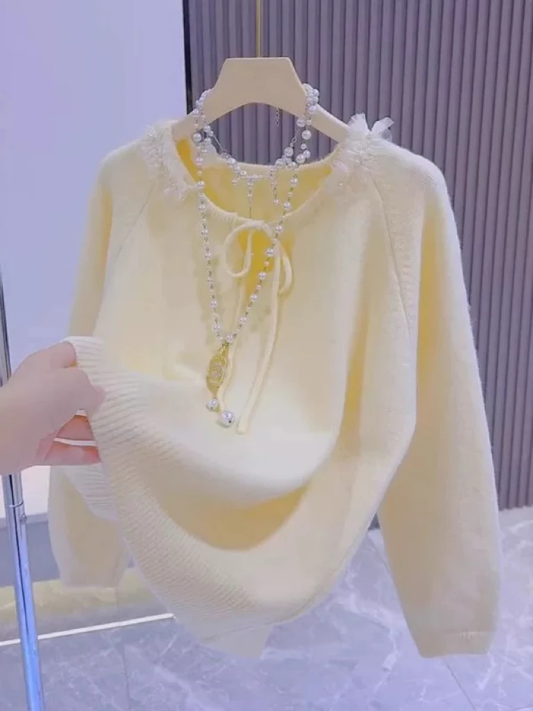 

Sweet Yellow Lace Knitted Sweater Women's Loose Fit Overhead Belted irt Autumn Winter Comfortable Soft Warm Commute Sle