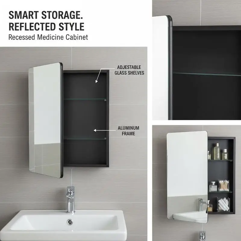 Mirrored medicine cabinet (662 x 135 x 762 mm) for bathrooms with mirrored door and adjustable glass shelves, built-in and wall mounting, aluminum frame, bathroom cabinet view 3