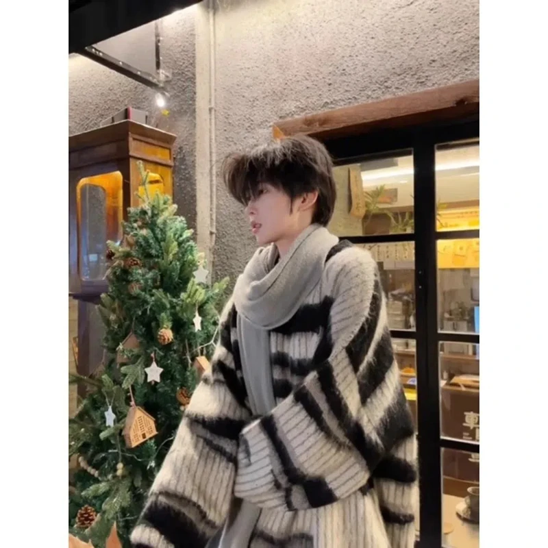 Black and White Striped Mohair Sweater for Men Lazy Style Relaxed Style Couple Sweater Jacket