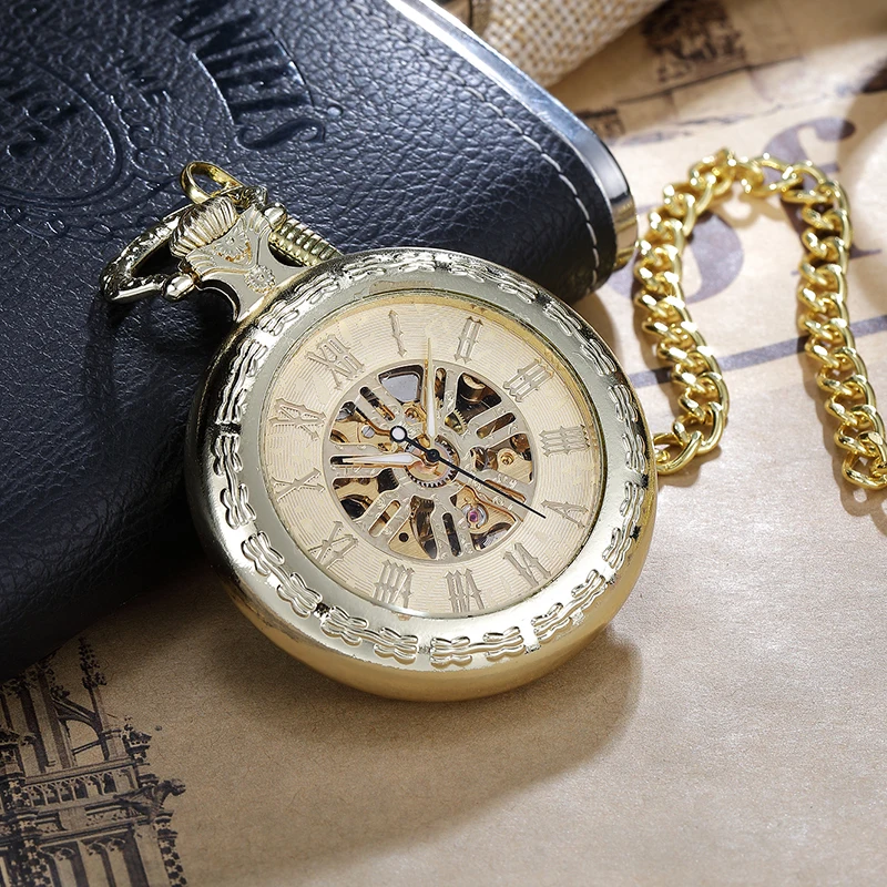 Reloj de bolsillo mecánico Steampunk para hombre y mujer, pulsera de mano con diseño de esqueleto dorado Vintage, números romanos, con cadena,