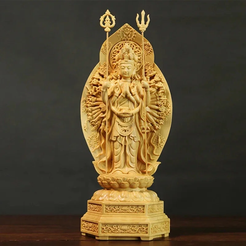 20cm Boxwood Thousand-Hand Guanyin Carving Sculpture Feng Shui Solid Wood Decor
