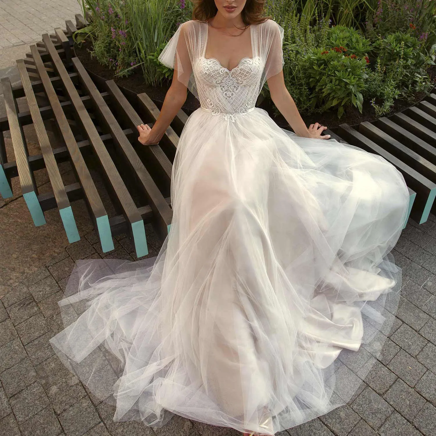 Tulle And Lace Customized Wedding Dresses Butterfly Sleeves Bridal Gowns A-Line Bridal Dress Robe Vestido De Novia