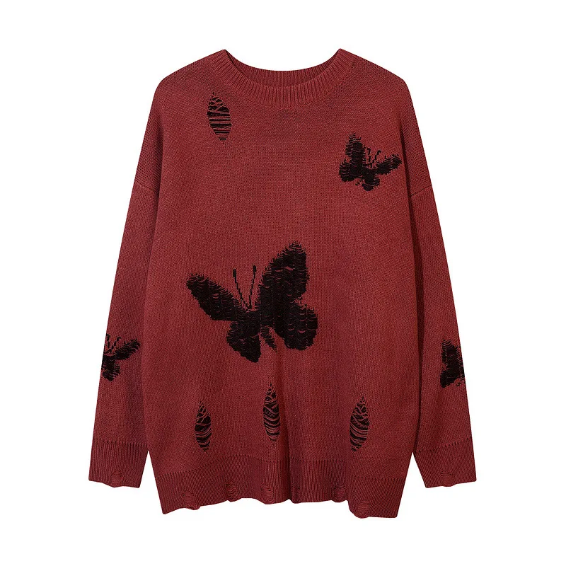 

Street Fashion Round Neck Hole Sweater Men's Butterfly Print Loose Harajuku Pullover Couple Oversized Knitwear Ropa De Hombre