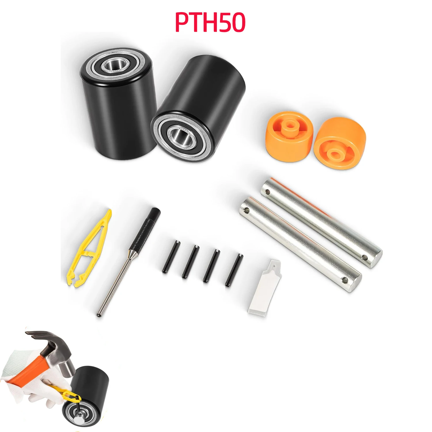 PTH50 Pallet Jack Front Load Wheels Kit for Crown PTH50 Pallet Jack, Come with Axles, Poly Tread Black with Bearings 20mm
