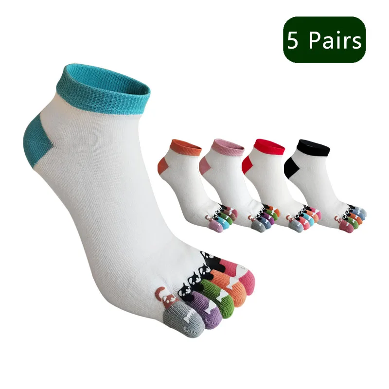 1/5 Pairs Toe Socks Women Girl Cotton White Cute Cartoon Bear Fish Print Soft Beautiful Fashions Ankle Boat Five Finger Socks