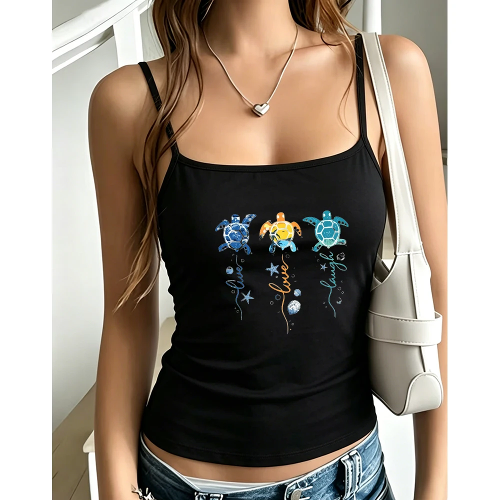 Women Live Love Laugh Camisole Summer Tank Top Retro Ocean Art Graphic Print Sleeveless Casual Tops for Club Party Top