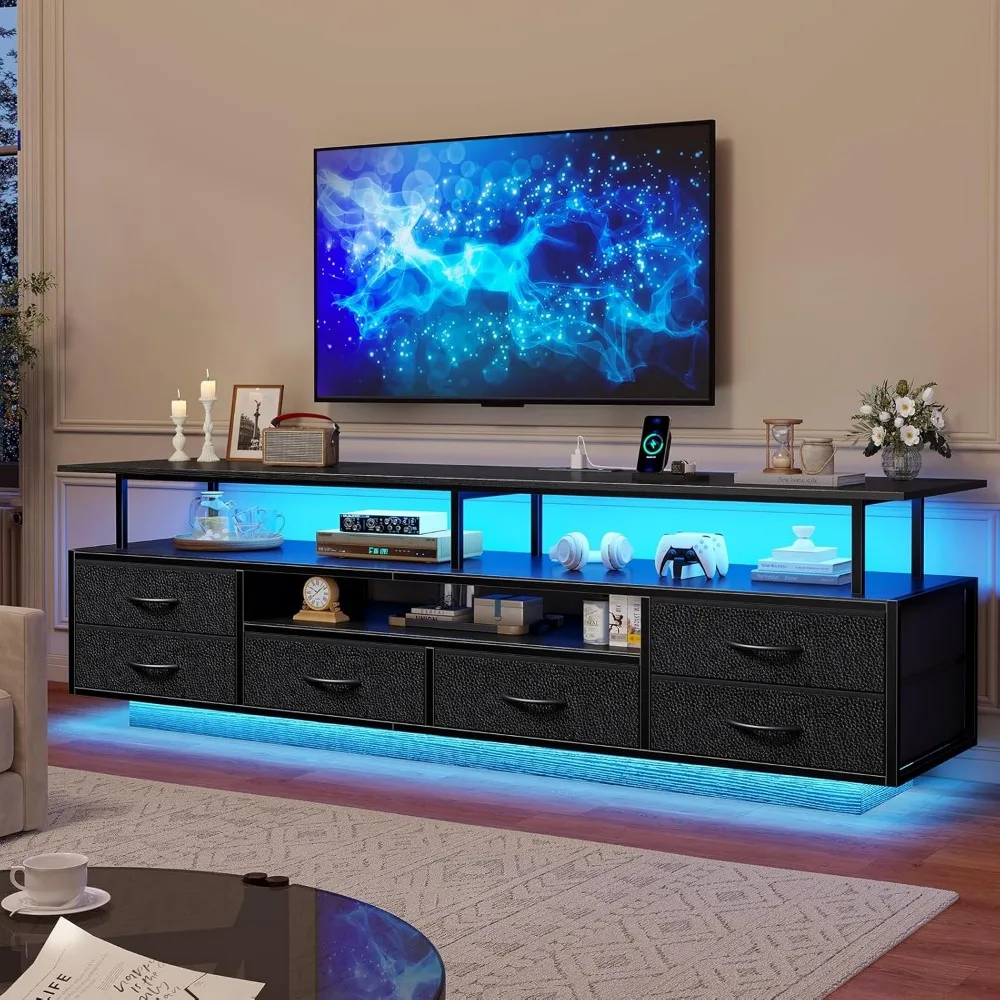 

TV Stand for 65 70 Inches TV with LED Lights & Power Outlets, Entertainment Center with Open Shelves & 6 PU Fabric Drawers, TV M