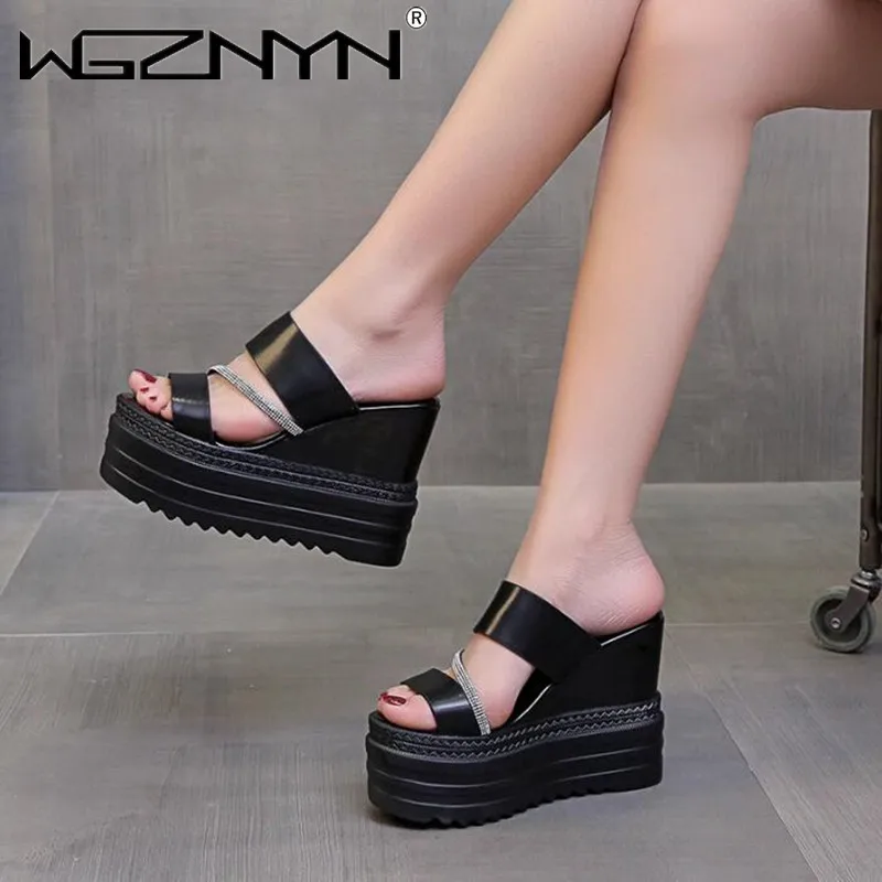 NEW Women Super High Heels Sexy 12CM Heel Wedges Sandals Thick Bottom Platform Slippers Party Sliders Open-toed Designer Sandals