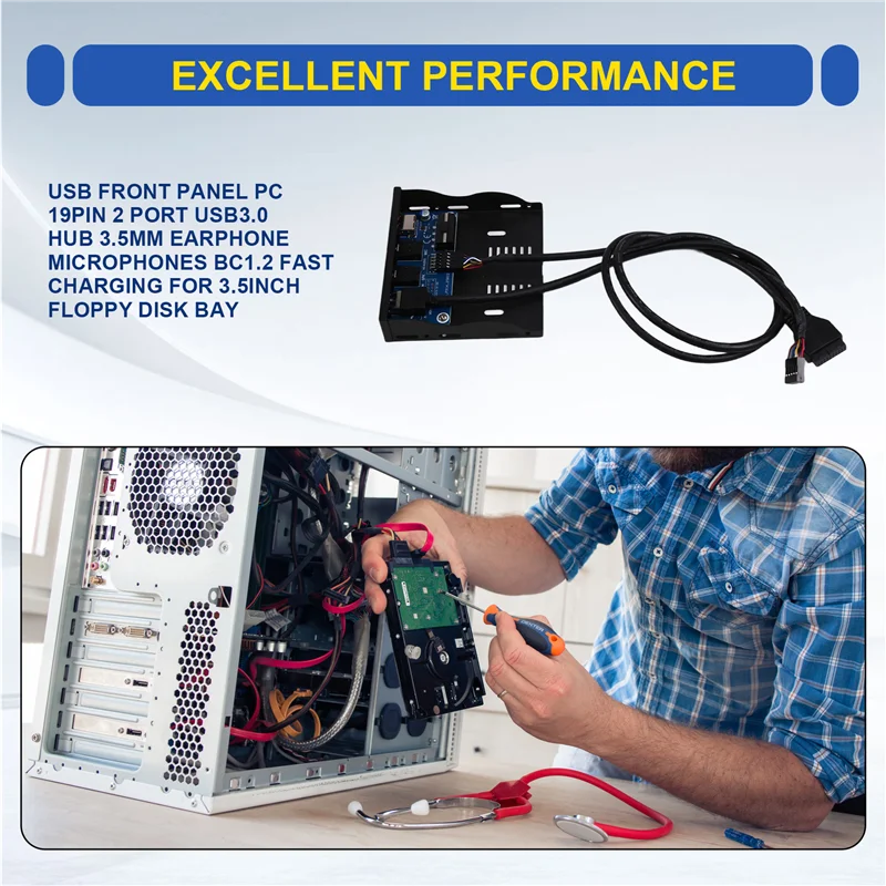

New--PC Front Panel USB Hub, 2 USB3.0 Ports & Microphone/Earphone Jack, Quick BC1.2 Charge For 3.5Inch Bay