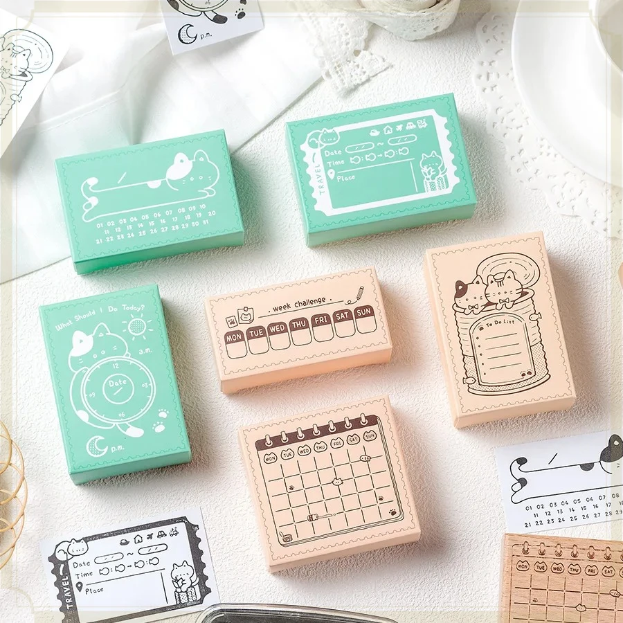 Memo Cat Box Wooden Handmade Stamp Vintage Schedule Beech Wood Daily Memo Stamp  Remember To Buy Ink Pad At The Same Time