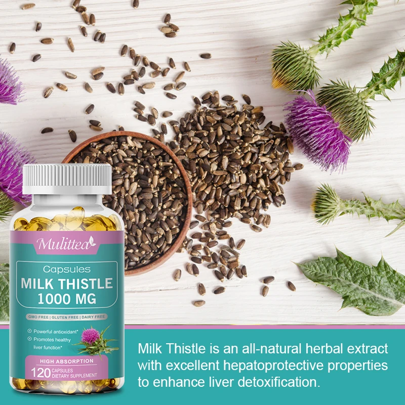 Mulittea Organic Milk Thistle Extract 1000mg Capsules Helps Repair Liver Supports Liver Detoxification & Cleanses