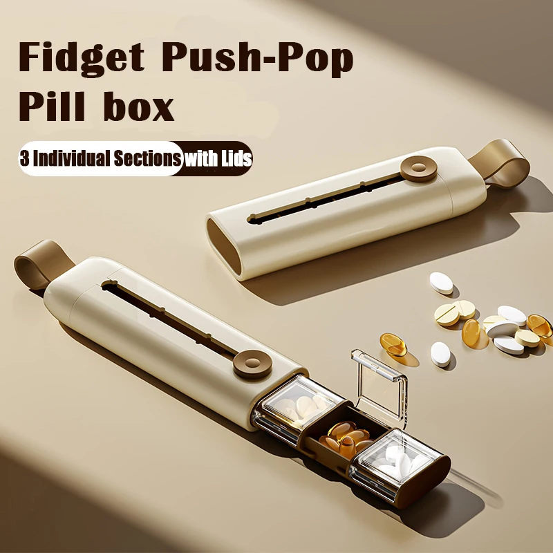 Daily Pill Organizer Portable Fidget Push Pop Box 3 Individual Lidded Compartments for Pills Vitamin Tablet Storage, BPA Free