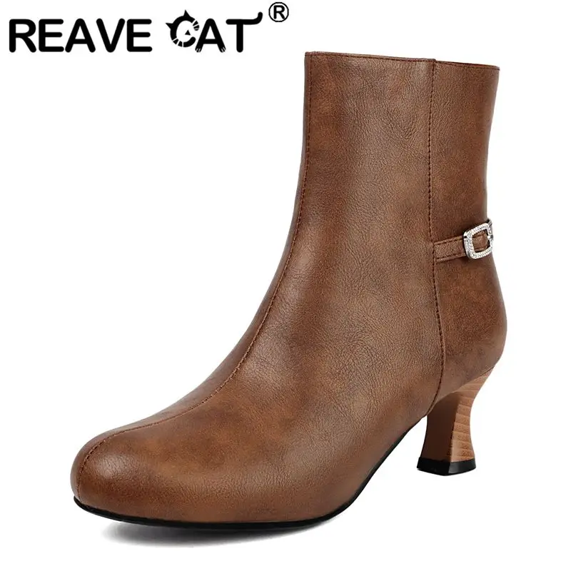 

REAVE CAT Office Lady Ankle Boots Round Toe Zipper Belt Buckle 5.5cm Small Heels Large Size 43 44 45 Women Daily Short Booties