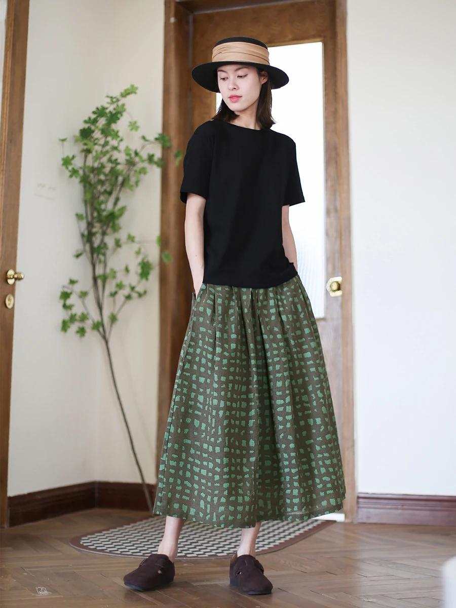 

Summer New Women's Skirt, Stylish and Elegant Artistic Style Long A-line Skirt, Green Printed Casual Skirt