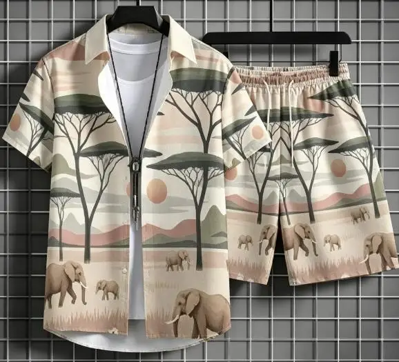 Men African Elephant Savannah Print Two Piece Outfit Short Sleeve Shirt Elastic Waist Shorts Summer Beach Suit