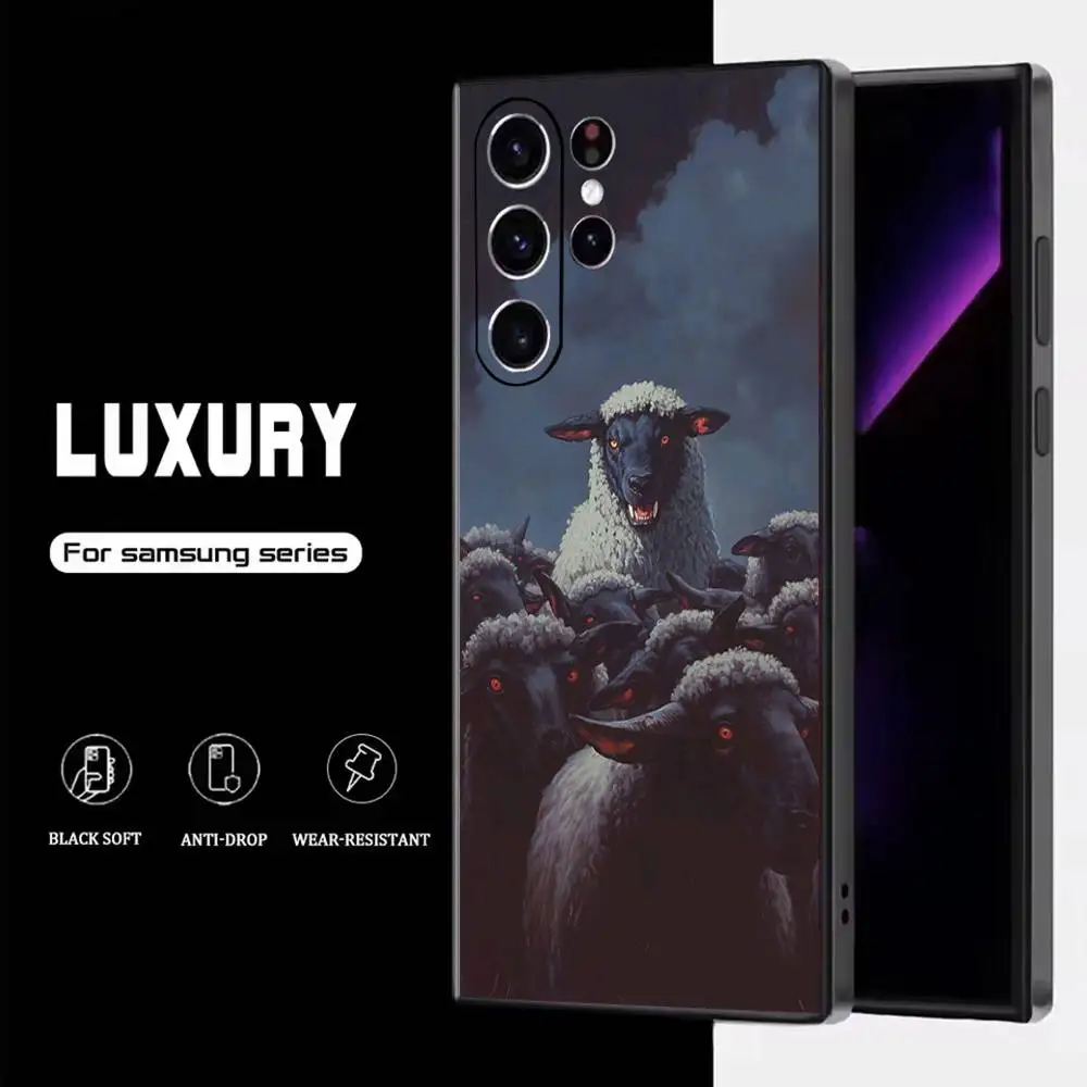 Funda de teléfono con diseño artístico de ovejas en el lobo para Samsung S25,S24,S23,S22,S21,S20,S10,Ultra,Plus,Lite,FE, funda negra de silicona suave