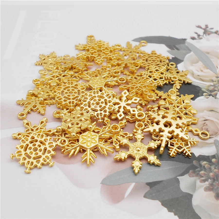 Julie Wang 100g/Pack Alloy Gold Color Christmas Snowflake Charms Random Mixed Decor Pendant Bracelet Jewelry Making Accessory