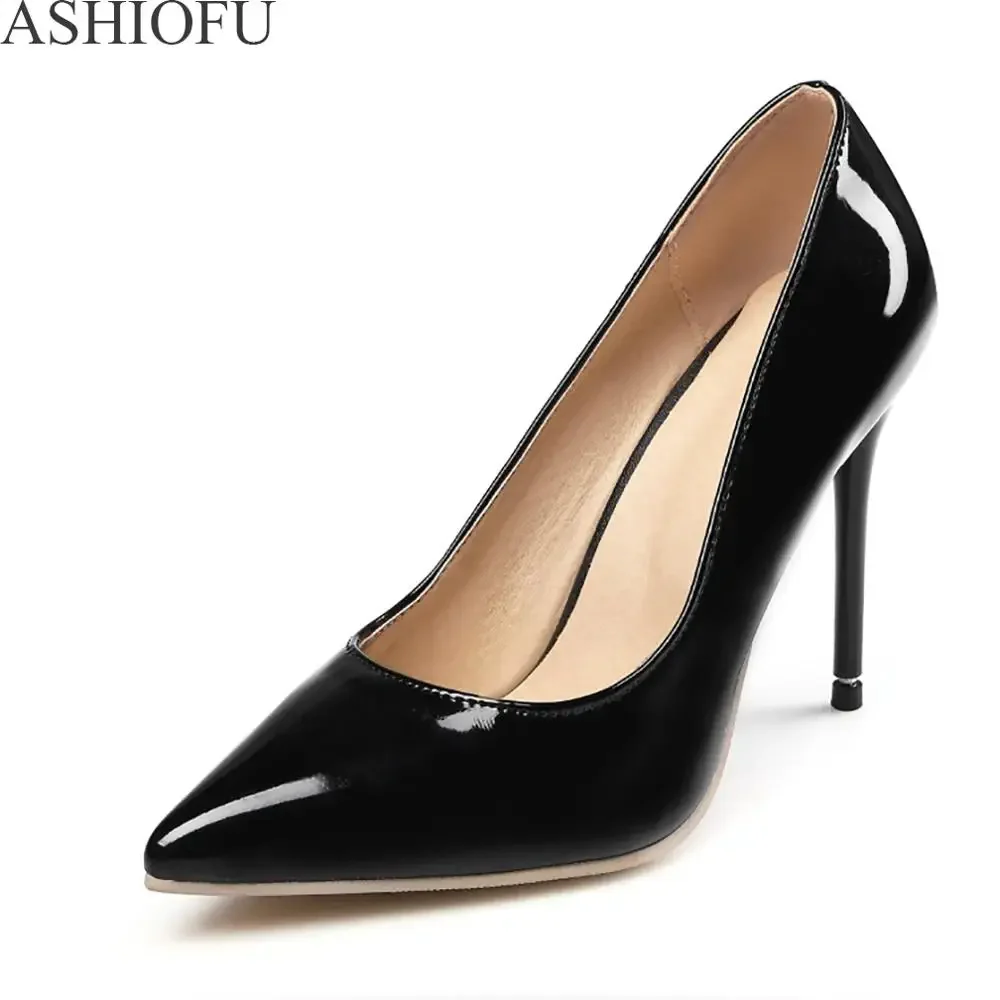 ASHIOFU Hot Sale Ladies High Heel Pumps Patent Leather Party Office Dress Shoes Pointy Club Fashion Dress Evening Court Shoes