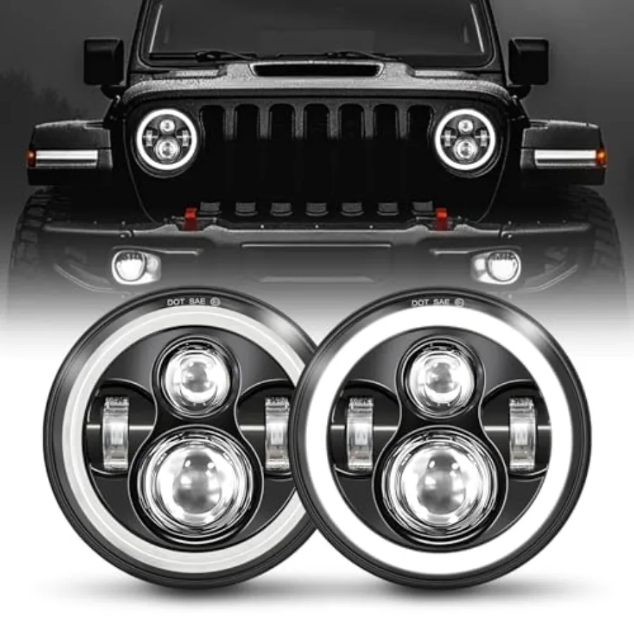

7 Inch LED Headlights Round Halo Angel Eyes DOT Approved 2PCS Classic LED Headlights with White DRL Amber Turn Signal H6024 Hig