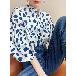 Fashion Polka Dot Loose Blouse Summer New Blue Printing Half Sleeve Button Trend Shirt Tops Temperament Casual Women Clothing