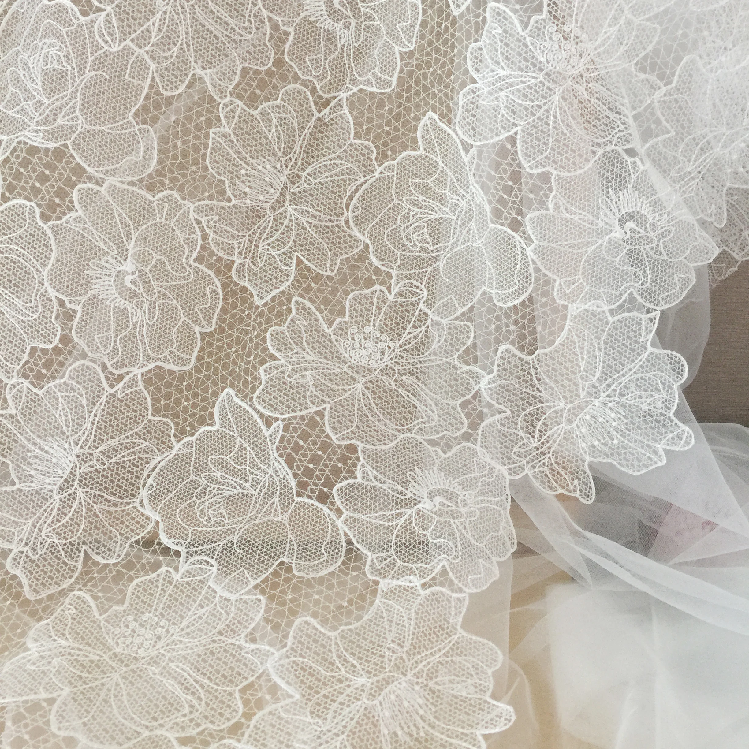 1 Yard Off White Alencon Lace Fabric with Rose Flower Floral Emrboidery Fabric for Wedding Gown, Lace Caps Prom Dress