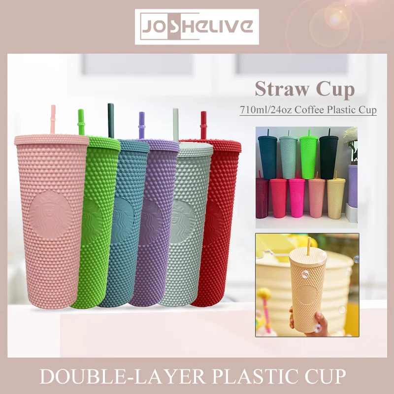 Double Layered Plastic Straw Cup For Household Diamond Radiant Water Bottles Coffee Straw Cup Drinks Bottles Mugs