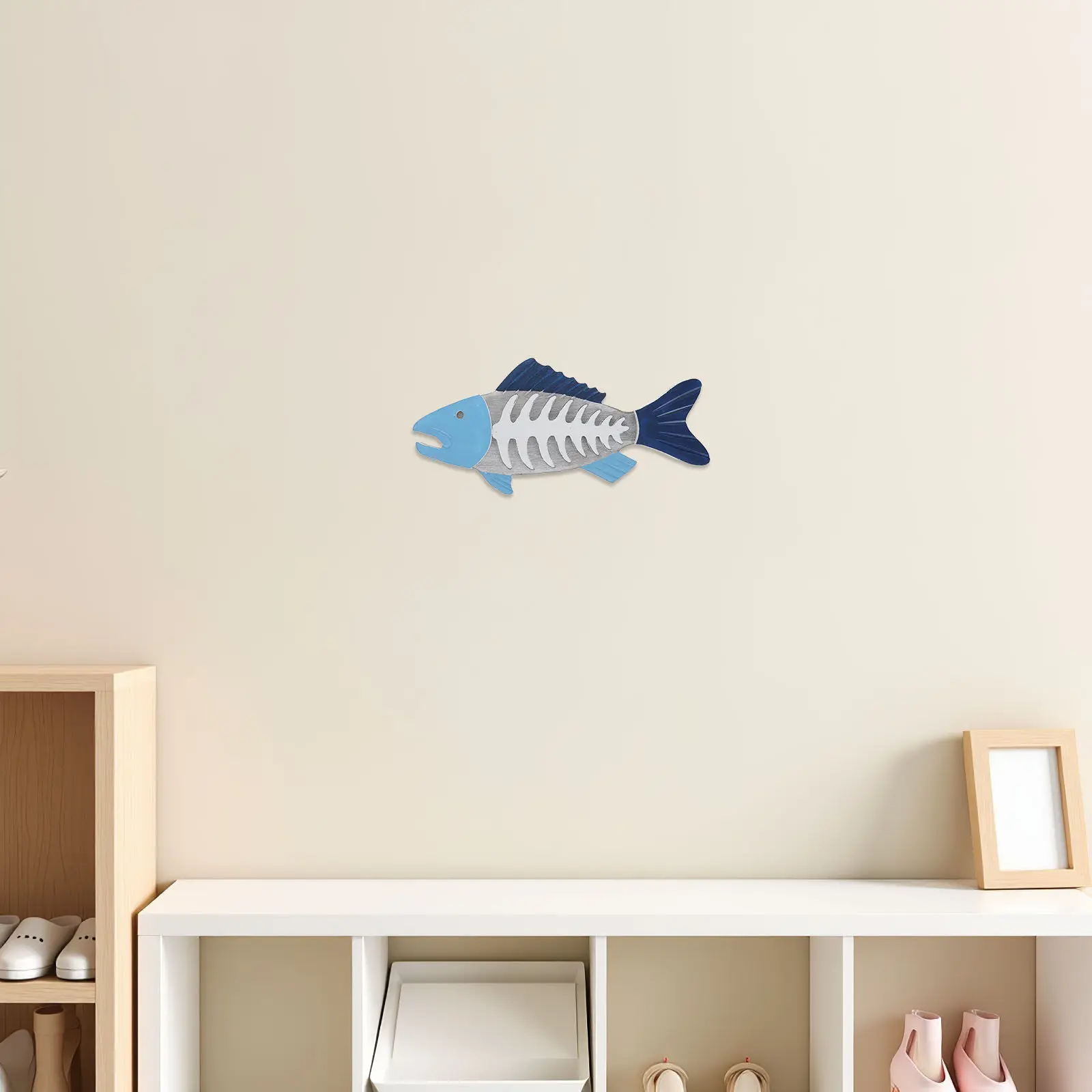 Wooden Fishbone Wall Hanging Decor – Mediterranean Coastal Beach Theme Rustic Wood Art for Bathroom Living Room