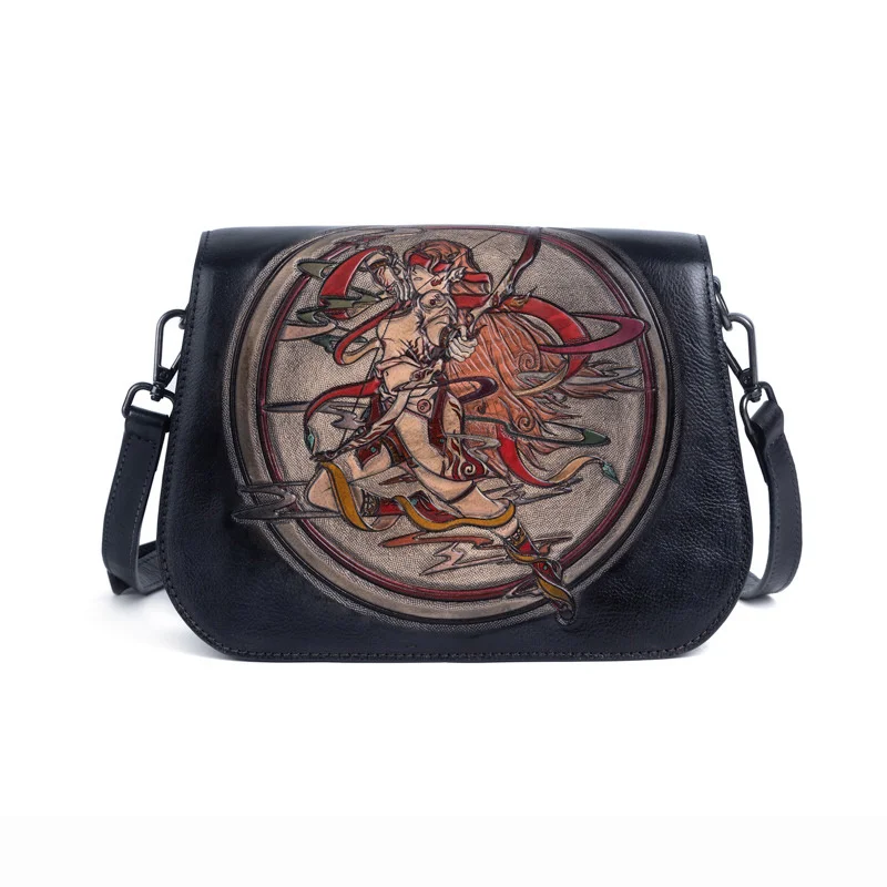 Women Genuine Leather Shoulder Messenger Bags Chinese Style Embossed Vintage ShoppingFemale Real Cowhide Cross Body Bag