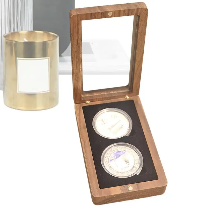 Coin Box Challenge Coin Display Box Wood Black Walnut Souvenir Emblem Organizer For Displaying Collectible Badge Case