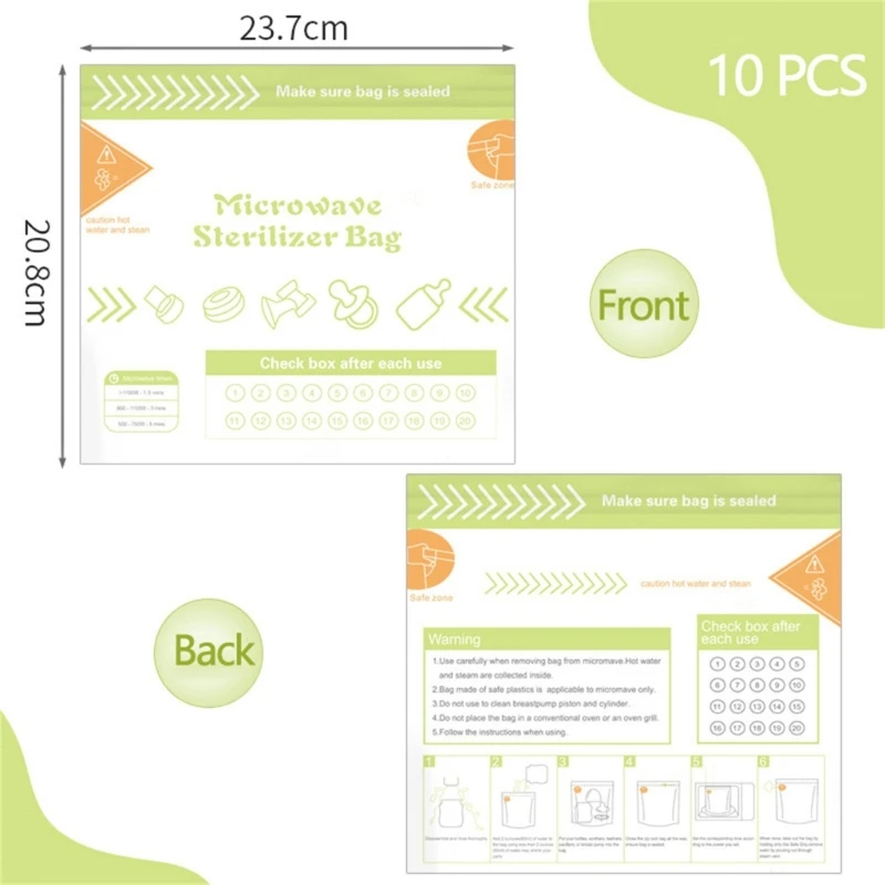 10 นับฆ่าเชื้อกระเป๋าReusableไมโครเวฟSteamนึ่งขวดนมสำหรับBreastpump Part/ขวดนม,20 ครั้งต่อกระเป๋า