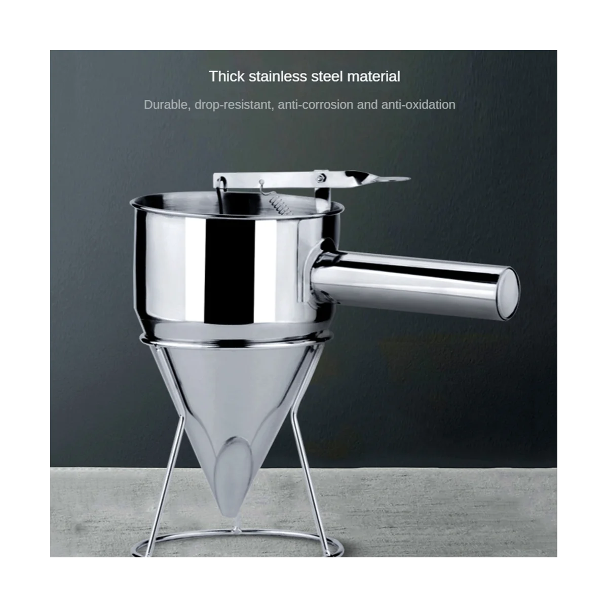 Dispensador de massa de panqueca, dispensador de bolo de funil de aço inoxidável multi com suporte ótimo para panquecas, cozido
