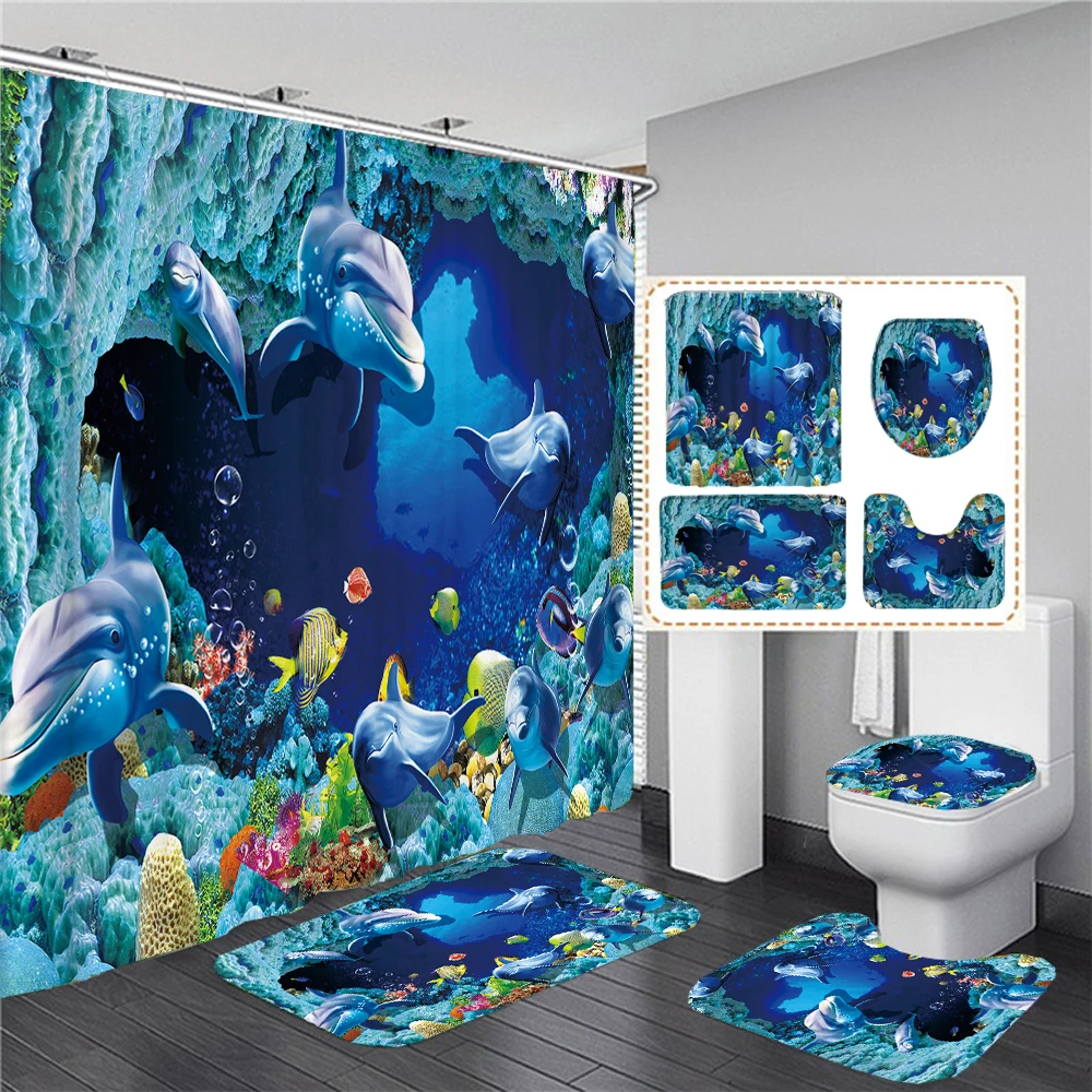 Ocean Underwater World Turtles Dolphin 3D Printing Waterproof Shower Curtain with Rug Toilet Cover Bath Mat Set Bathroom Decor