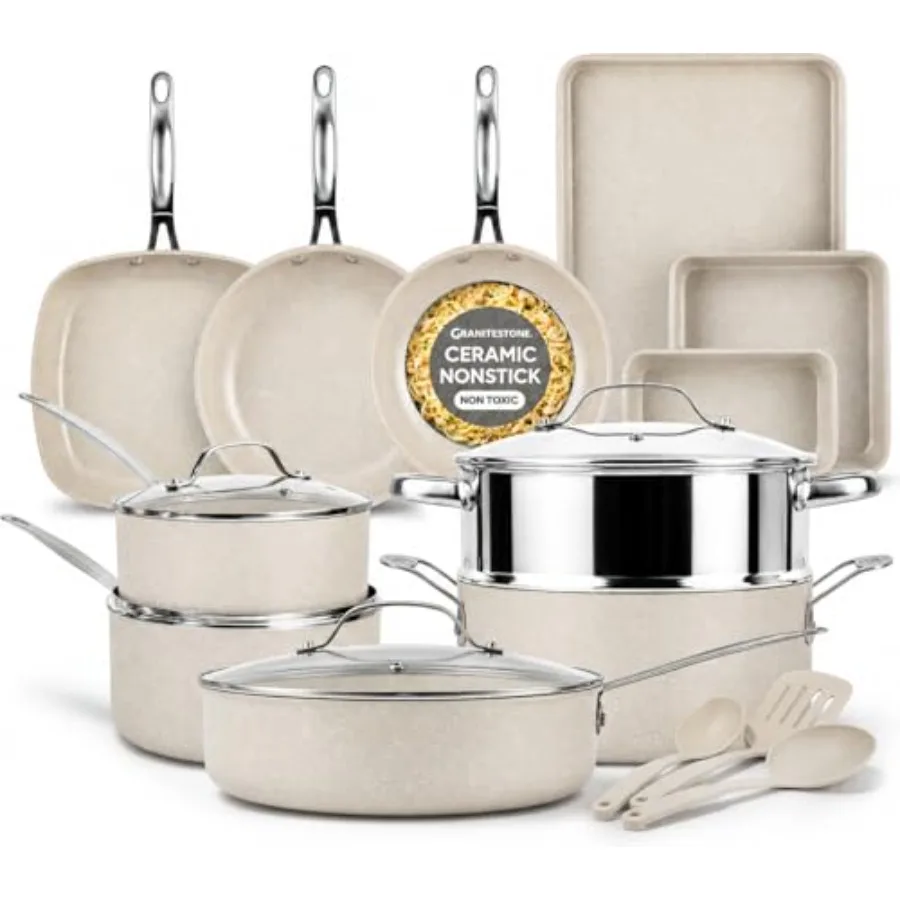 

20 Pc Pots and Pans Set Nonstick - Granitestone Ceramic Cookware Set, Diamond Infused, with Bakeware, Utensils and Steamer, Non