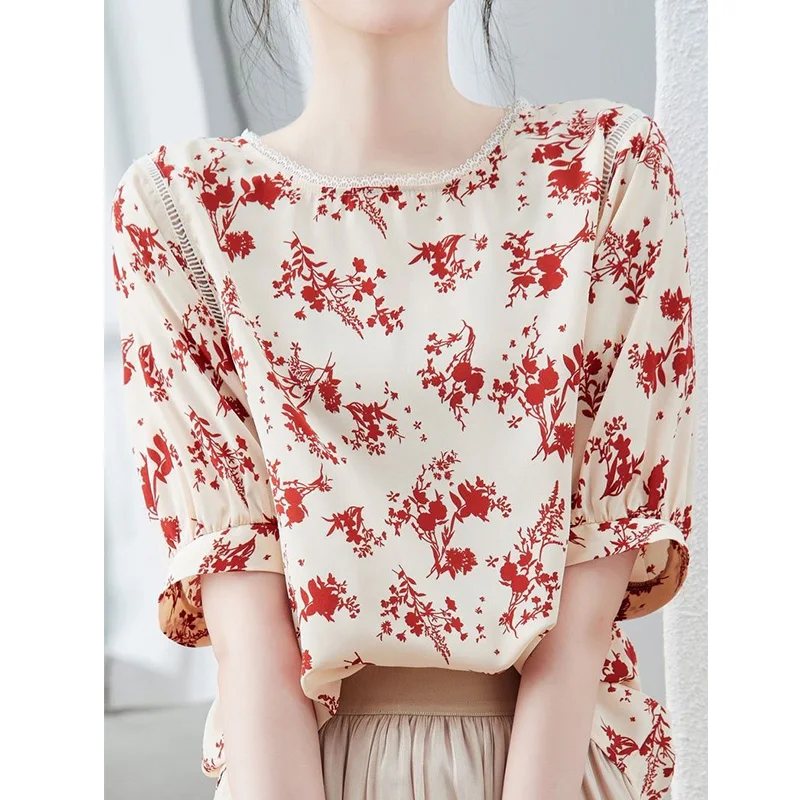 Summer Clothes Fashion Crew Neck Maple Leaf Print T-shirts with Half Sleeve Casual Hollow Out Splicing Loose Pullover Women Top