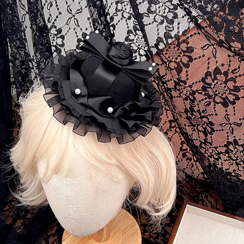 오리지널 작은 모자 로리타 고딕 로즈 머리 장식 하위 문화 어두운 우아한 모자 나이트 파티 코스프레 KC 고딕 레이스 보우 머리 장식