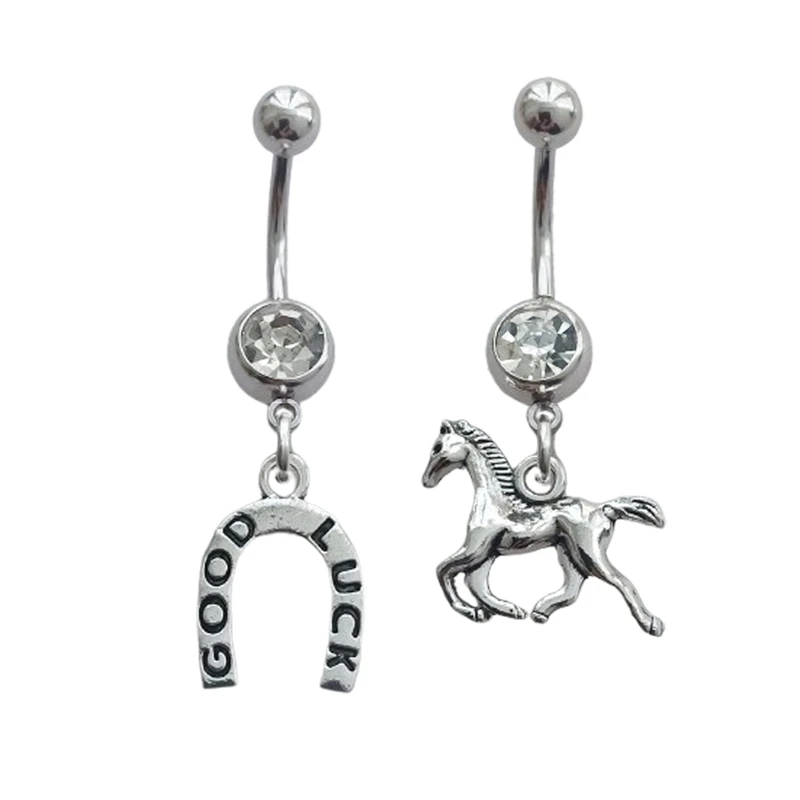 

2pcs Cowgirl Horse Horseshoe Pendant Dangle Belly Button Rings, Stainless Steel Navel Barbell Ring, Cool Piercing Body Jewelry