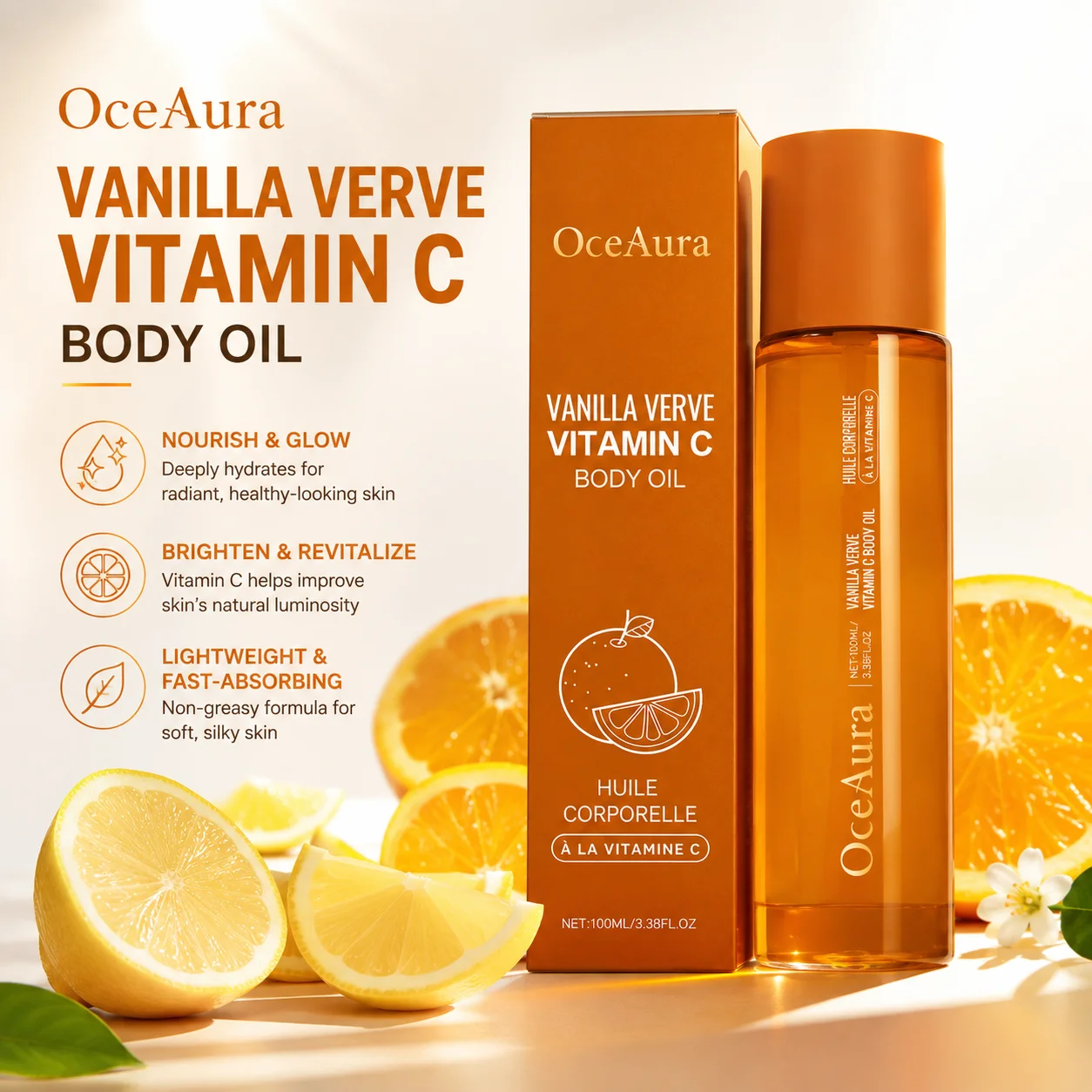 Oceaura Vitamin C Body Oil,Deep Hydrating Glowing Skin Soften Rough Skin Reduce Dryness ,After Shower Body Massage Essential Oil