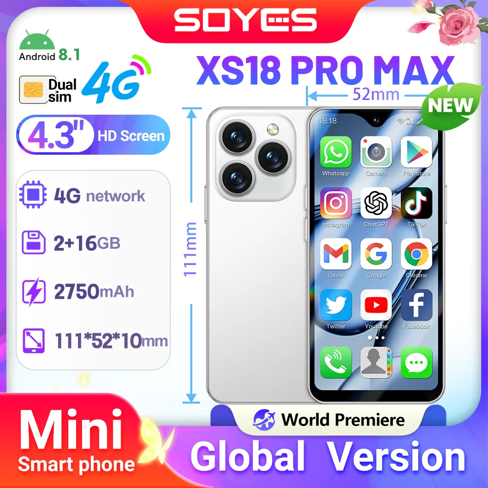 Weltpremiere SOYES XS18 Pro Max Mini-Smartphone 2750 mAh 4,3 Zoll Global 4G Android8.1 mit Akku Gesichtserkennung GPS klein