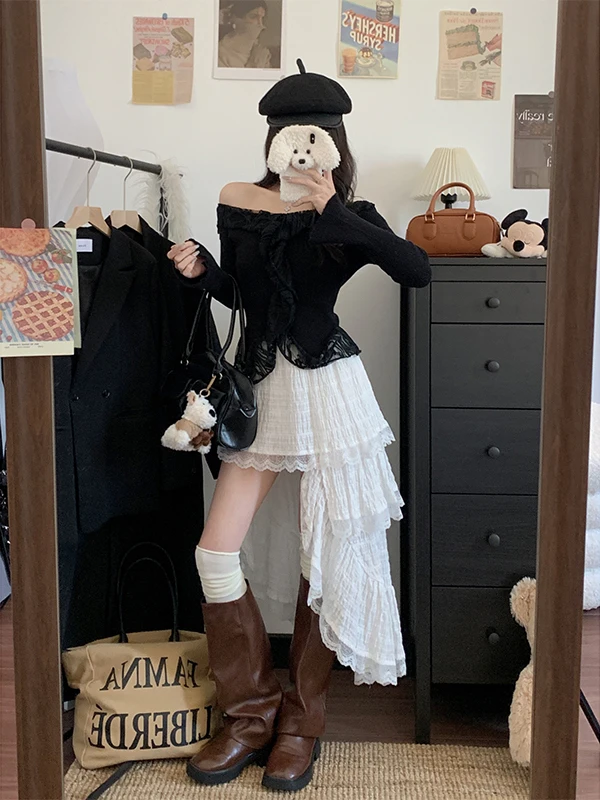 

plus Size High Waist Asymmetrical Lace Half Skirt Conceal Meat White Cake Skirt Women's Loose Fit Artistic Style Office Wear