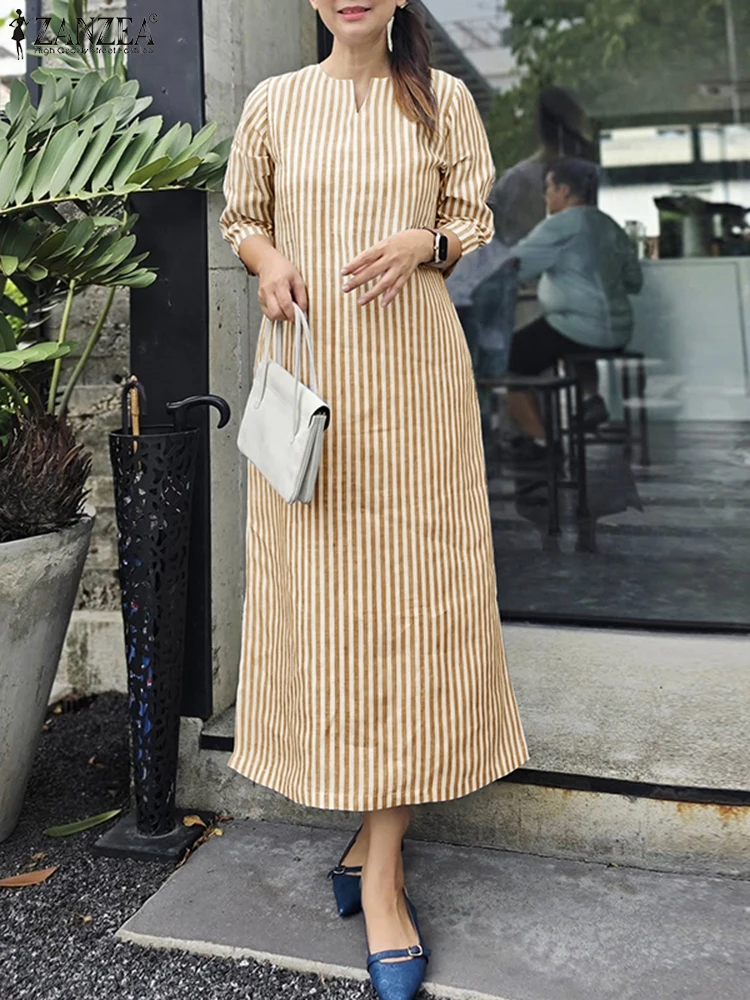 2025 outono vestidos listrados zanzea moda feminina com decote em v manga longa vestido de trabalho elegante escritório ol vestido maxi longo robe