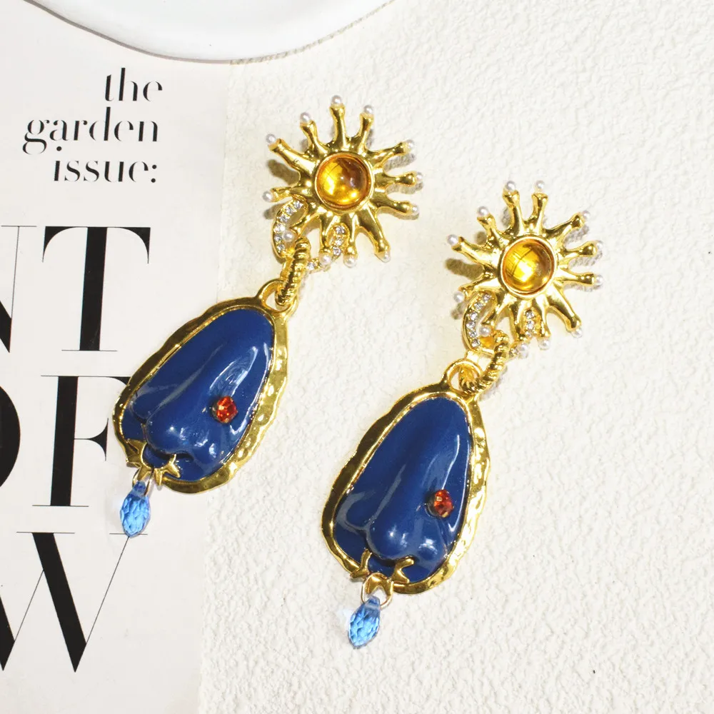 Übertriebene blaue Rosenförmige Tropfen-Ohrringe für Damen, Schmuck, Barock-Stil, Party-Show, Statement-Ohrringe, Zubehör – Detail 7