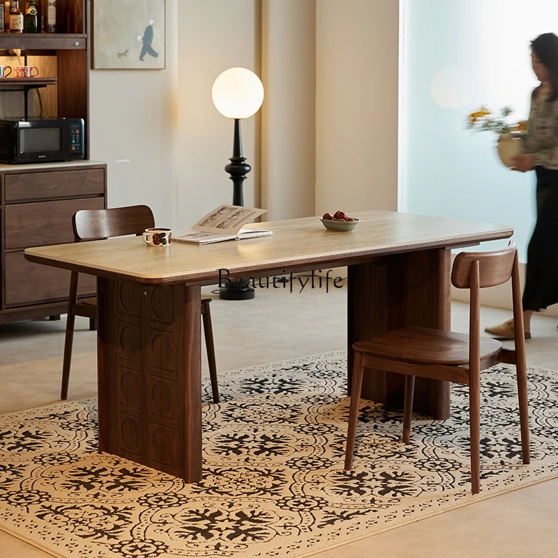 

Medieval rock slab dining table, cave stone slab table, North American black walnut retro rectangular desk