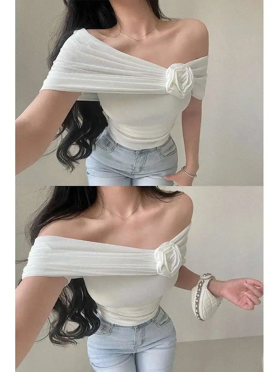 

Sexy One Shoulder Slim Three Dimensional Rose Decoration Short Sleeve T-shirt Top Women Tshirt Sweet Tees Tops 2024 New 1F81
